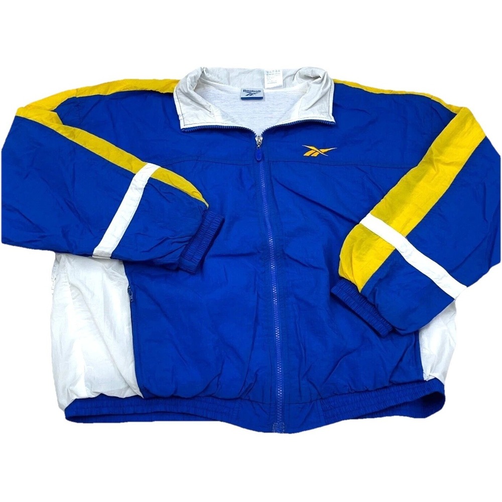 Vintage Reebok‎ Jacket Women XL Blue Yellow Windbreaker Track Suit Full Zip 90s